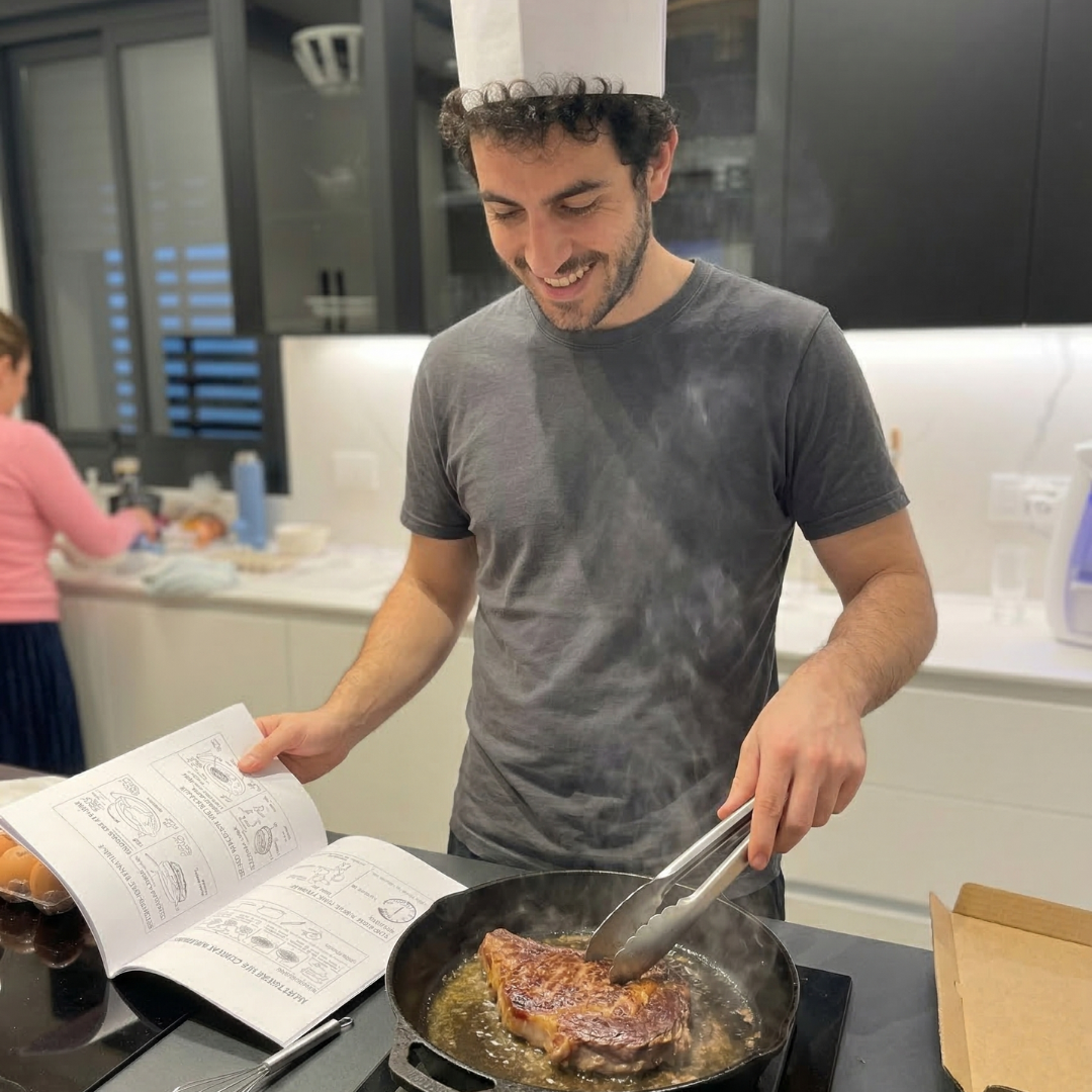 גבר מבשל עם מדריך הרכבה קולינרי